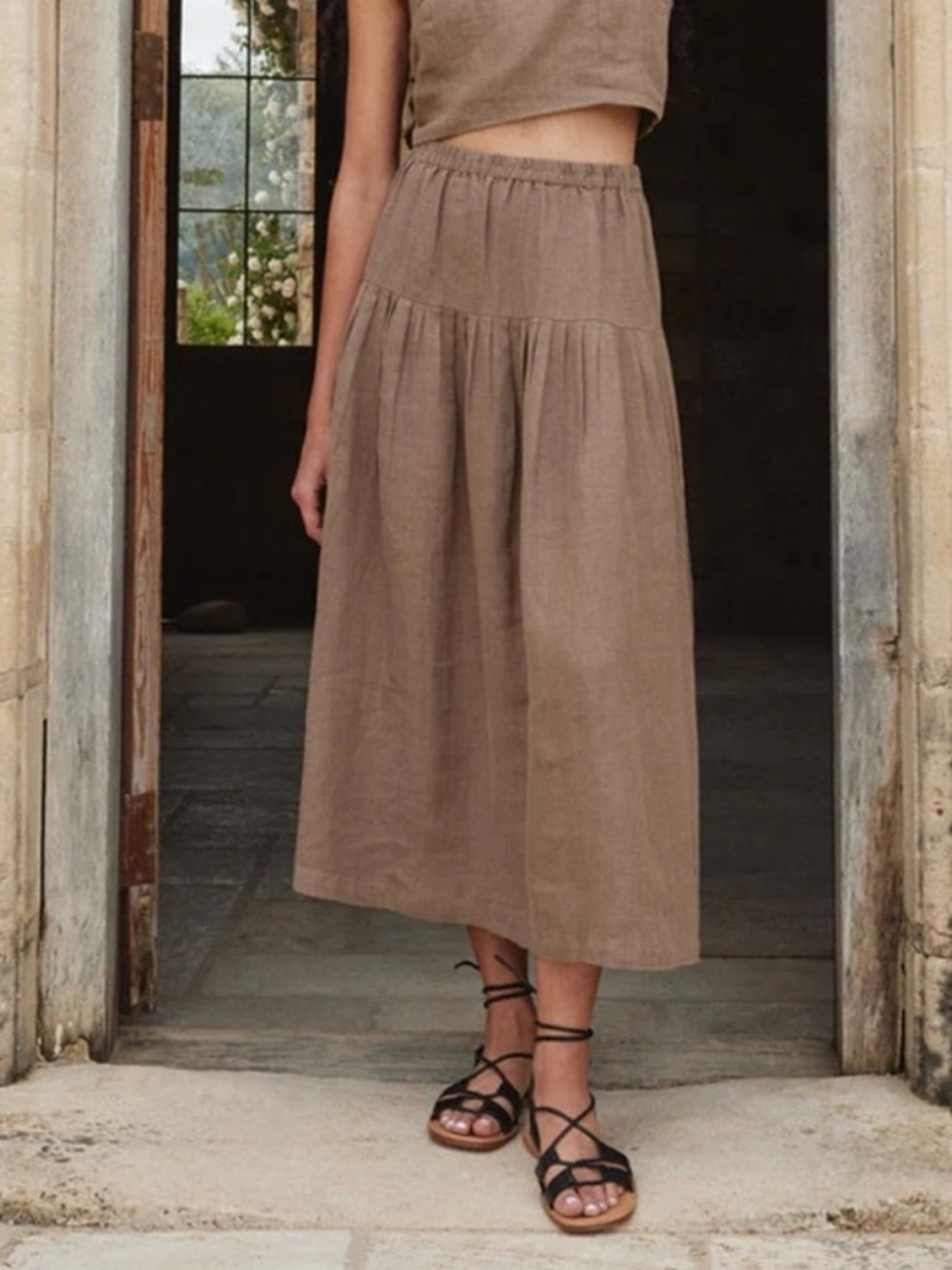 First Rite Amar 100% linen midi skirt Earth Brown elastic waistband XL - Picture 6 of 6